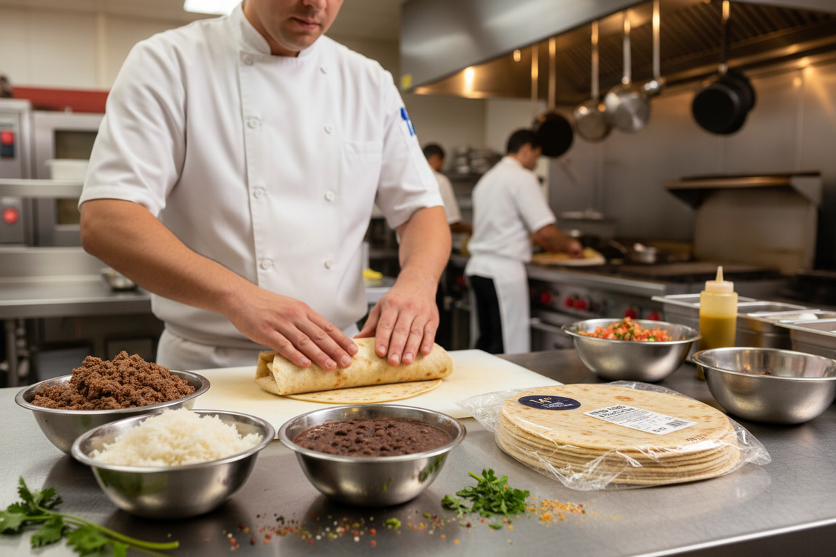 Lifestyle - Chef assembling burritos in restaurant kitchen