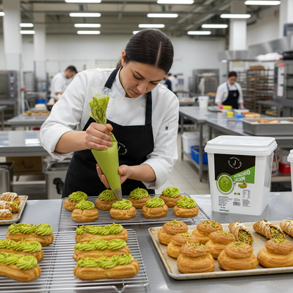 Pastry chef using pistachio cream
