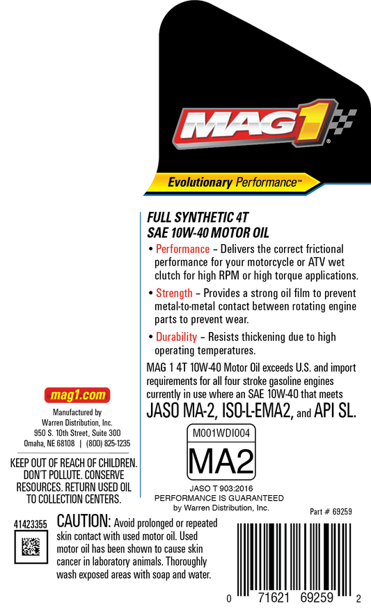 MAG 1 4T 10W40 Full Synthetic Motor Oil, JASO MA2, 55 GAL