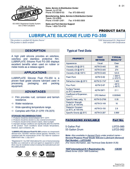 L0723-060 LUBRIPLATE FG-350 FOOD GRADE SILICONE LUBRICANT – 5 GALLON PAIL [NSF 3H DIRECT FOOD CONTACT CERTIFIED]