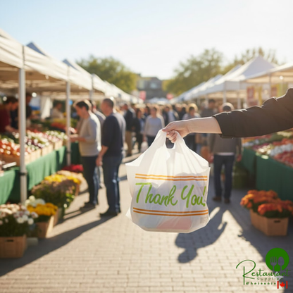 LK Packaging 19" x 9 1/2" x 18" White LK Packaging Plastic Take Out Bag with Printed Thank You Design - 500/Box