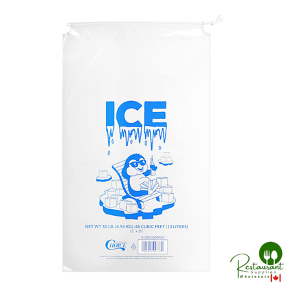 10 lb. Clear Plastic Drawstring Ice Bag with Ice Print By Prime - 500/Case