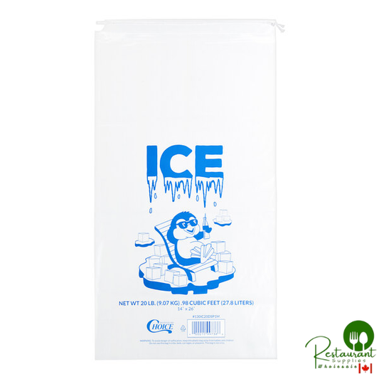 20 lb. Clear Plastic Drawstring Ice Bag with Ice Print By Prime - 250/Case
