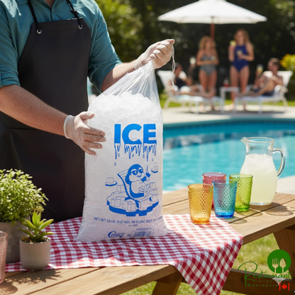 20 lb. Clear Plastic Drawstring Ice Bag with Ice Print By Prime - 250/Case