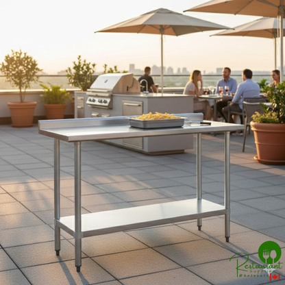 Regency 30" x 18" 18-Gauge 304 Stainless Steel Equipment Filler Table with Backsplash and Galvanized Undershelf