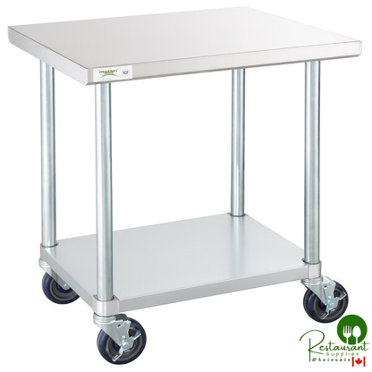 Regency 24" x 30" 18-Gauge 304 Stainless Steel Commercial Work Table with Galvanized Legs, Undershelf, and Casters