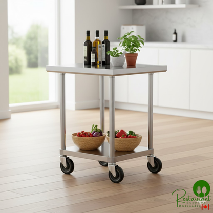 Regency 24" x 24" 18-Gauge 304 Stainless Steel Commercial Work Table with Galvanized Legs, Undershelf, and Casters