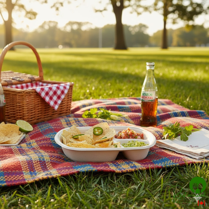 World Centric 9" x 8" 3-Compartment Compostable Fiber Nacho Tray with Leaf Plus - 600/Case