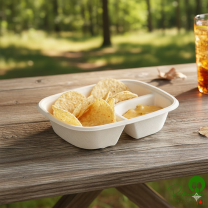 World Centric 7" x 5 1/4" Compostable Fiber 2-Compartment Nacho Tray with Leaf Plus - 600/Case