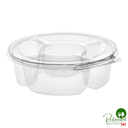 Inline Plastics Safe-T-Fresh 104 oz. Clear PET Plastic Tamper-Resistant, Tamper-Evident 5-Compartment Round Platter with Lid - 52/Case