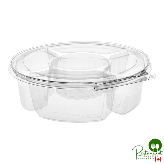 Inline Plastics Safe-T-Fresh 104 oz. Clear PET Plastic Tamper-Resistant, Tamper-Evident 5-Compartment Round Platter with Lid - 52/Case