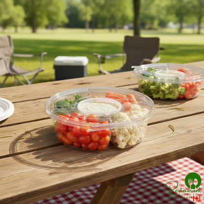 Inline Plastics Safe-T-Fresh 104 oz. Clear PET Plastic Tamper-Resistant, Tamper-Evident 5-Compartment Round Platter with Lid - 52/Case