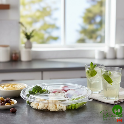 Inline Plastics Safe-T-Fresh 54 oz. Clear PET Plastic Tamper-Resistant, Tamper-Evident 5-Compartment Round Platter with Lid - 64/Case