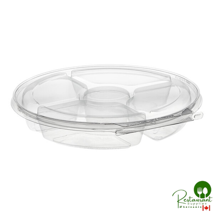 Inline Plastics Safe-T-Fresh 54 oz. Clear PET Plastic Tamper-Resistant, Tamper-Evident 5-Compartment Round Platter with Lid - 64/Case