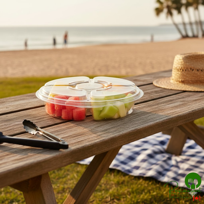 Inline Plastics Essentials 54 oz. Clear PET Plastic 5-Compartment Round Platter with Lid - 100/Case