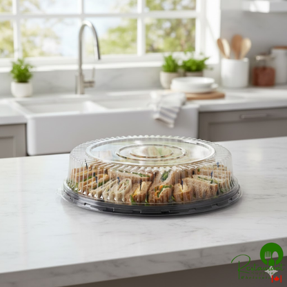 18" Black Round Plastic Thermoform Catering Tray with High Dome Lid By Prime- 10/Pack