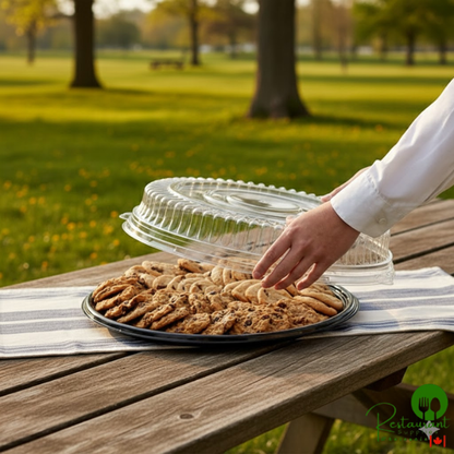 16" Black Round Plastic Thermoform Catering Tray with Low Dome Lid By Prime- 10/Pack