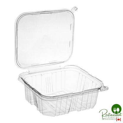 TamperSafe 64 oz. Tamper-Resistant, Tamper-Evident Clear PET Plastic Rectangular Container with Hinged Flat Lid By Prime- 200/Case