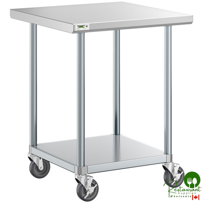 30" x 30" 18-Gauge 304 Stainless Steel Commercial Work Table with Galvanized Legs, Undershelf, and Casters By Prime