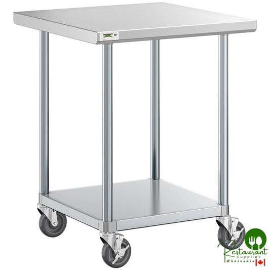 30" x 30" 18-Gauge 304 Stainless Steel Commercial Work Table with Galvanized Legs, Undershelf, and Casters By Prime