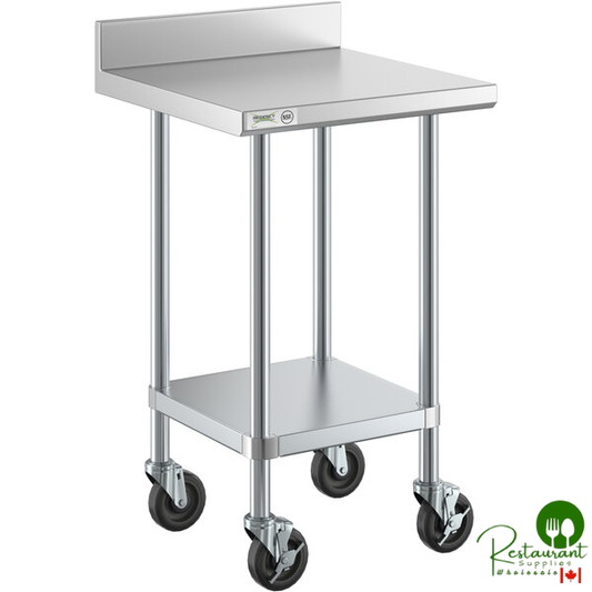 24" x 24" 18-Gauge 304 Stainless Steel Commercial Work Table with 4" Backsplash, Galvanized Legs, Undershelf, and Casters By Prime