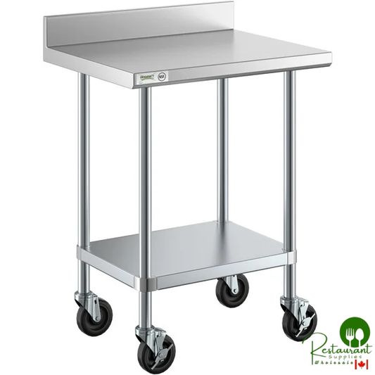 24" x 30" 18-Gauge 304 Stainless Steel Commercial Work Table with 4" Backsplash, Galvanized Legs, Undershelf, and Casters By Prime