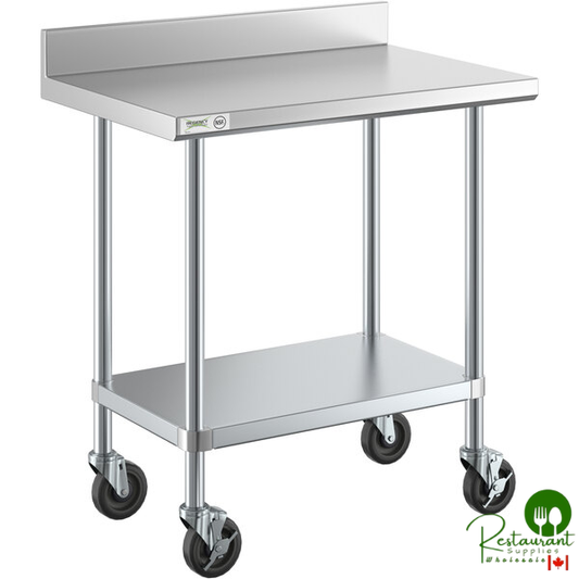 24" x 36" 18-Gauge 304 Stainless Steel Commercial Work Table with 4" Backsplash, Galvanized Legs, Undershelf, and Casters By Prime