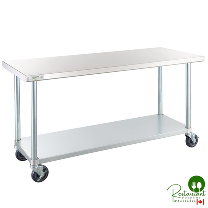 24" x 60" 18-Gauge 304 Stainless Steel Commercial Work Table with Galvanized Legs, Undershelf, and Casters By Prime