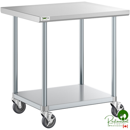 30" x 36" 18-Gauge 304 Stainless Steel Commercial Work Table with Galvanized Legs, Undershelf, and Casters By Prime