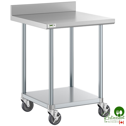 30" x 30" 18-Gauge 304 Stainless Steel Commercial Work Table with 4" Backsplash, Galvanized Legs, Undershelf, and Casters By Prime