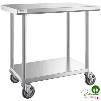 24" x 36" 16-Gauge 304 Stainless Steel Commercial Work Table with Undershelf and Casters By Prime