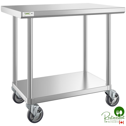 24" x 36" 16-Gauge 304 Stainless Steel Commercial Work Table with Undershelf and Casters By Prime