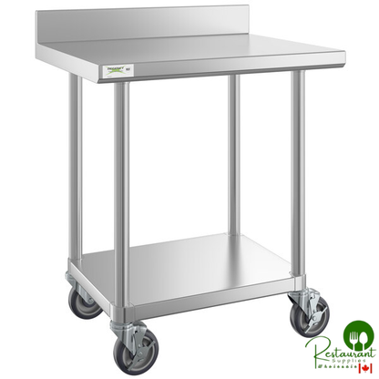 24" x 30" 16-Gauge 304 Stainless Steel Commercial Work Table with 4" Backsplash, Undershelf, and Casters By Prime