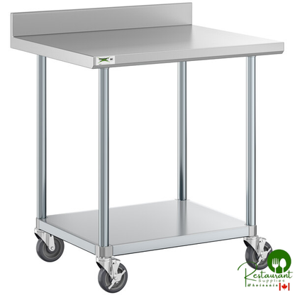 30" x 36" 18-Gauge 304 Stainless Steel Commercial Work Table with 4" Backsplash, Galvanized Legs, Undershelf, and Casters By Prime