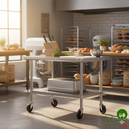30" x 30" 16-Gauge 304 Stainless Steel Commercial Work Table with Undershelf and Casters By Prime