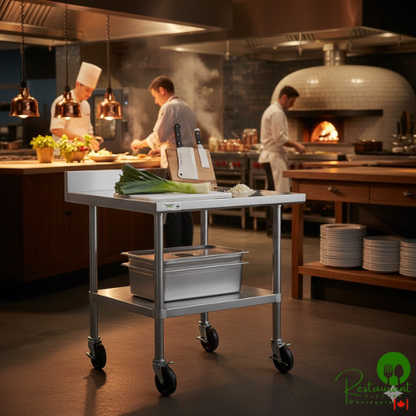 30" x 30" 16-Gauge 304 Stainless Steel Commercial Work Table with 4" Backsplash, Undershelf, and Casters By Prime