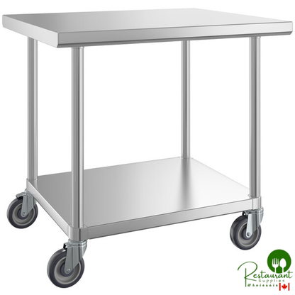 30" x 36" 16-Gauge 304 Stainless Steel Commercial Work Table with Undershelf and Casters By Prime