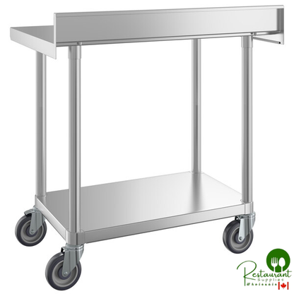 24" x 36" 16-Gauge 304 Stainless Steel Commercial Work Table with 4" Backsplash, Undershelf, and Casters By Prime