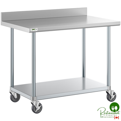 30" x 48" 18-Gauge 304 Stainless Steel Commercial Work Table with 4" Backsplash, Galvanized Legs, Undershelf, and Casters By Prime