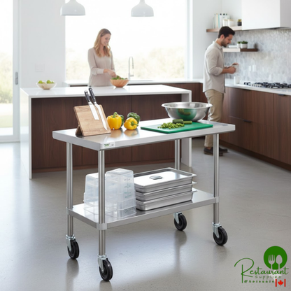 24" x 48" 16-Gauge 304 Stainless Steel Commercial Work Table with Undershelf and Casters By Prime