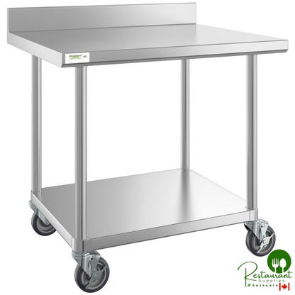 30" x 36" 16-Gauge 304 Stainless Steel Commercial Work Table with 4" Backsplash, Undershelf, and Casters By Prime