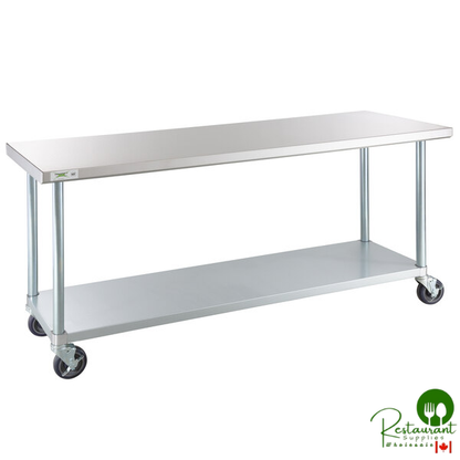 24" x 72" 18-Gauge 304 Stainless Steel Commercial Work Table with Galvanized Legs, Undershelf, and Casters By Prime