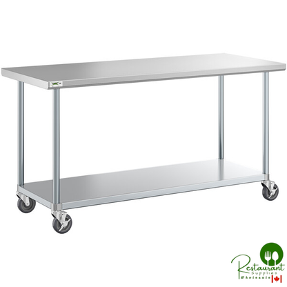 30" x 72" 18-Gauge 304 Stainless Steel Commercial Work Table with Galvanized Legs, Undershelf, and Casters By Prime