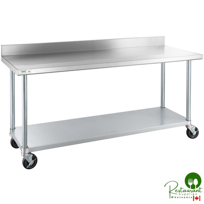 24" x 72" 18 Gauge 304 Stainless Steel Commercial Work Table with 4" Backsplash, Galvanized Legs, Undershelf, and Casters By Prime