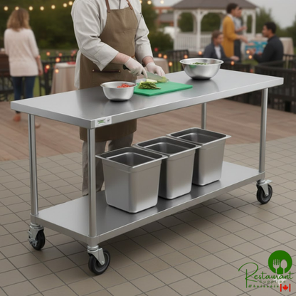 24" x 48" 16-Gauge 304 Stainless Steel Commercial Work Table with 4" Backsplash, Undershelf, and Casters By Prime
