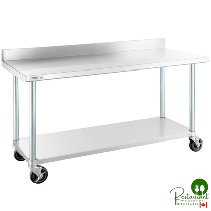 24" x 60" 18-Gauge 304 Stainless Steel Commercial Work Table with 4" Backsplash, Galvanized Legs, Undershelf, and Casters By Prime