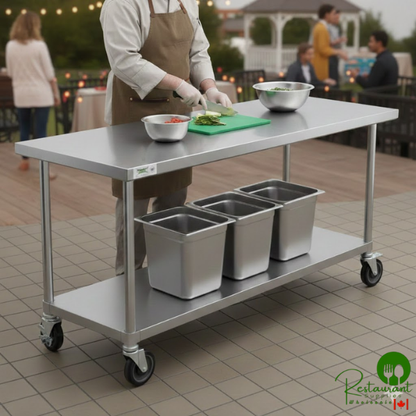 24" x 60" 18-Gauge 304 Stainless Steel Commercial Work Table with 4" Backsplash, Galvanized Legs, Undershelf, and Casters By Prime