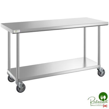 24" x 60" 16-Gauge 304 Stainless Steel Commercial Work Table with Undershelf and Casters By Prime