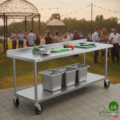 30" x 60" 18-Gauge 304 Stainless Steel Commercial Work Table with 4" Backsplash, Galvanized Legs, Undershelf, and Casters By Prime