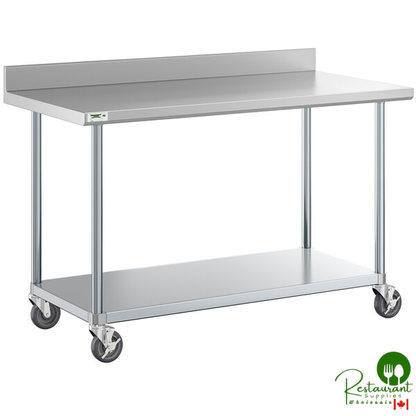 30" x 60" 18-Gauge 304 Stainless Steel Commercial Work Table with 4" Backsplash, Galvanized Legs, Undershelf, and Casters By Prime